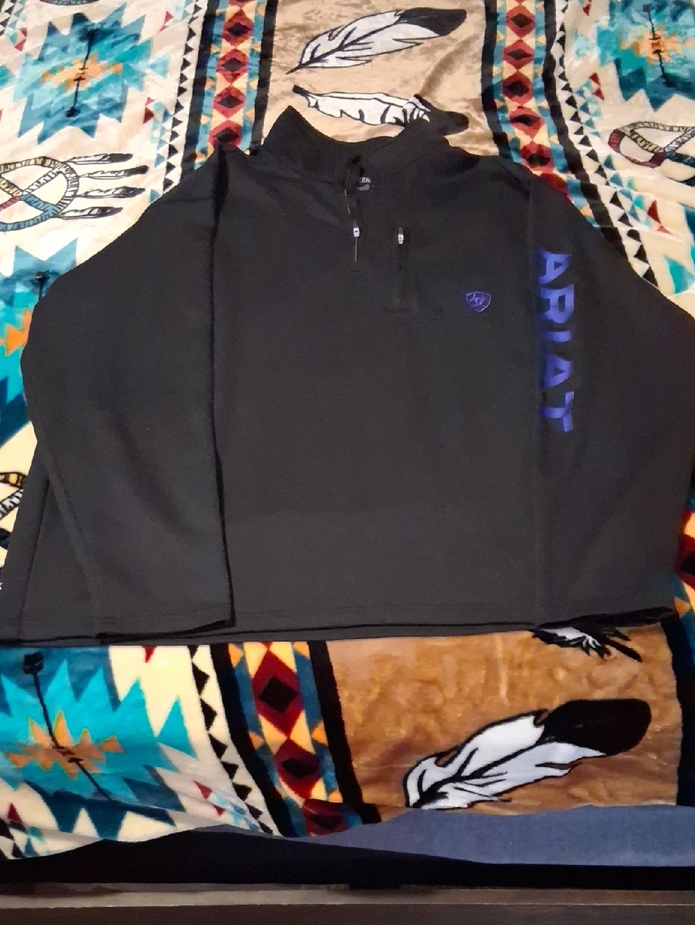 Ariat Black Quarter-Zip Pullover with Blue Logo and Sleeve Text